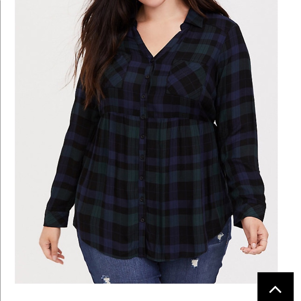 Plus Size Black and Dark Green Plaid Button-Front Shirt Top